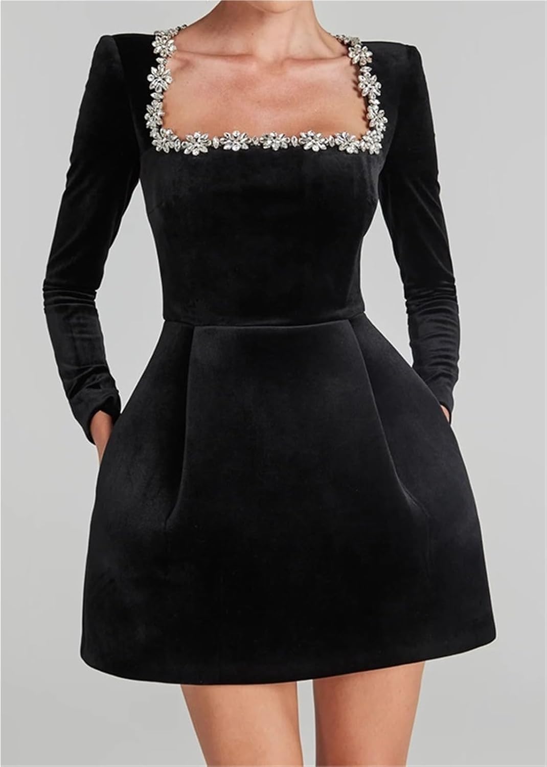 Crystal Square Neck Velvet Mini Dress