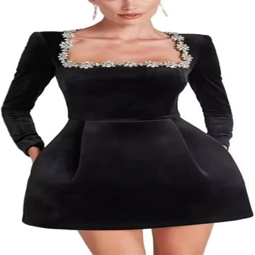 Crystal Square Neck Velvet Mini Dress