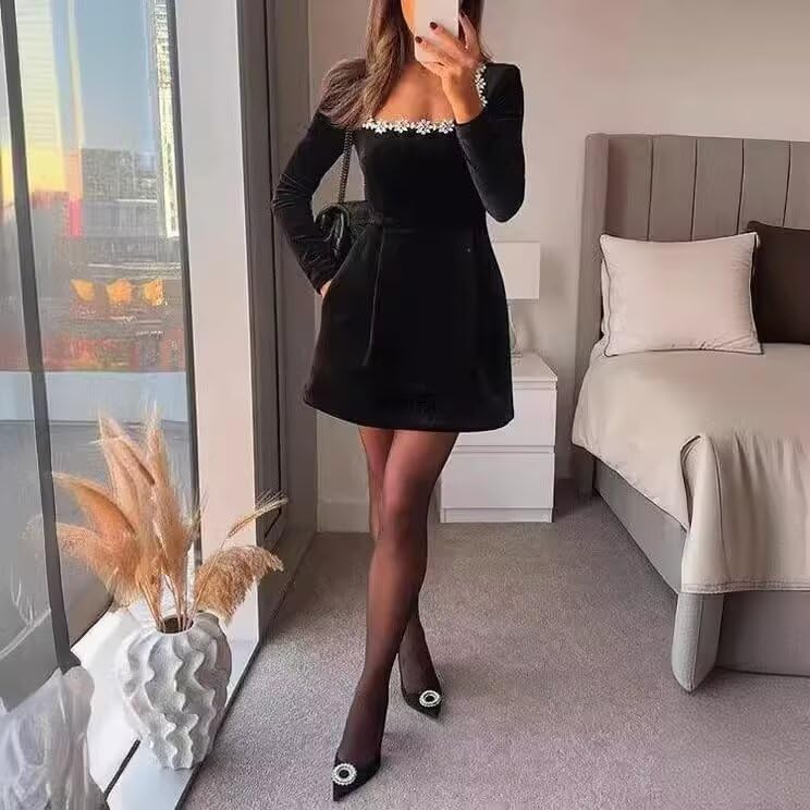 Crystal Square Neck Velvet Mini Dress